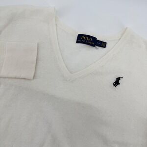 Polo Ralph Lauren Women VNeck Long Sleeve Sweater Small Petite White Linen Blend